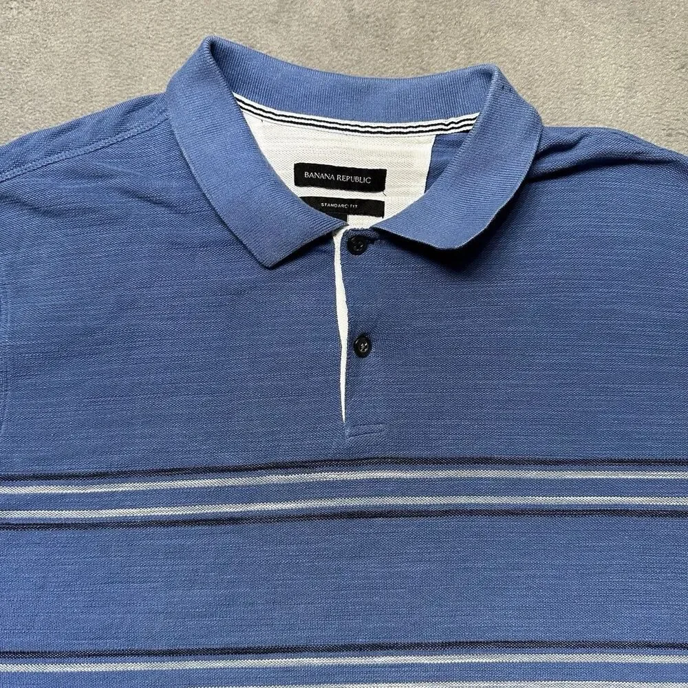 Banana Republic Mens Polo Shirt XXL Blue Standard Fit Stripe Knit Short Sleeve